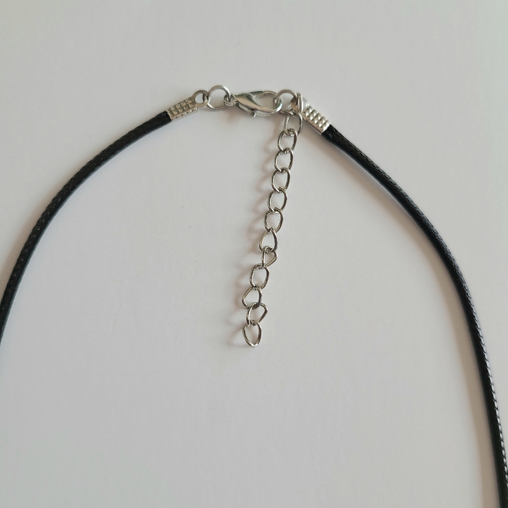 Silver Double Heart Black Faux Leather Cord Necklace - Picture 4 of 6
